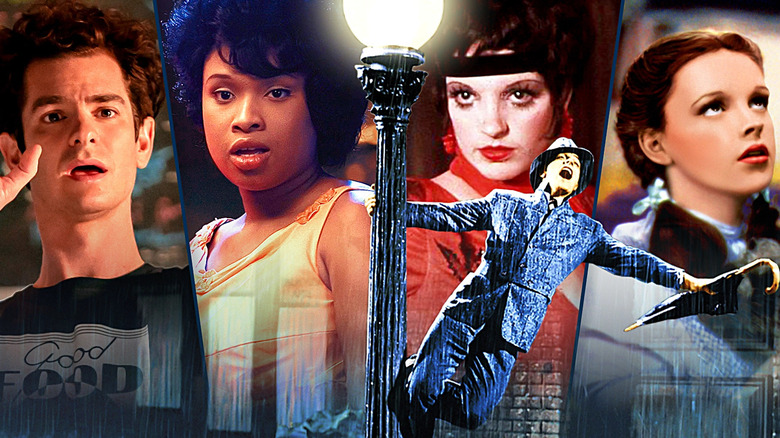 Andrew Garfield in tick, tick BOOM, Jennifer Hudson in Dreamgirls, Gene Kelly in Singin in the Rain, Liza Minnellli in Cabaret, and Judy Garland in Wizard of Oz in a composite image
