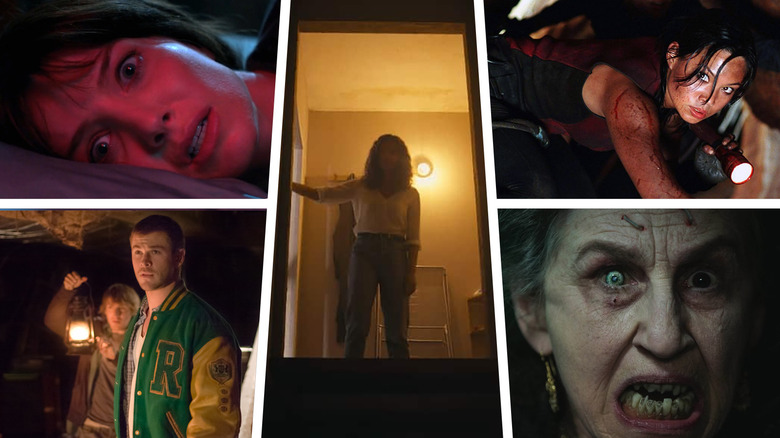 Images from Barbarian, Malignant, Cabin in the Woods, The Descent, and Drag Me to Hell in a composite image
