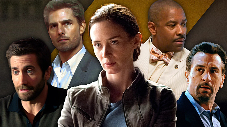 Danny Sharp (Jake Gyllenhaal), Vincent (Tom Cruise), Kate Macer (Emily Blunt), Keith Frazier (Denzel Washington), and Neil McCauley (Robert de Niro) lined up