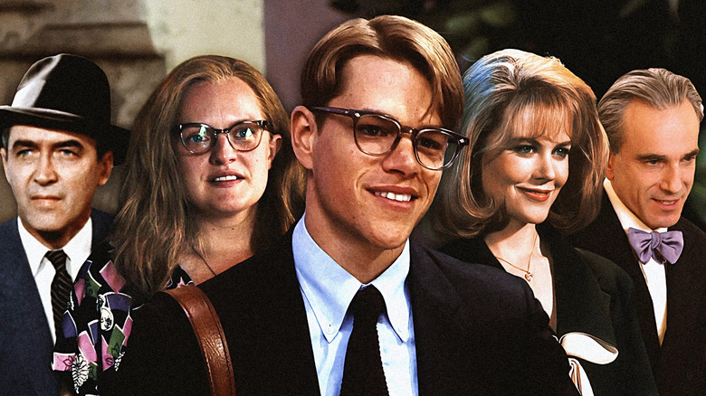 Composite image of James Stewart in Vertigo, Elisabeth Olsen in Shirley, Matt Damon in The Talented Mr. Ripley, Nicole Kidman in To Die For, and Daniel Day-Lewis in Phantom Thread