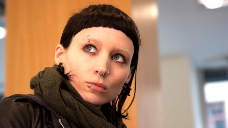 Rooney Mara with bleached eyebrows and assymetrical hair as Lisbeth in The Girl with the Dragon Tattoo