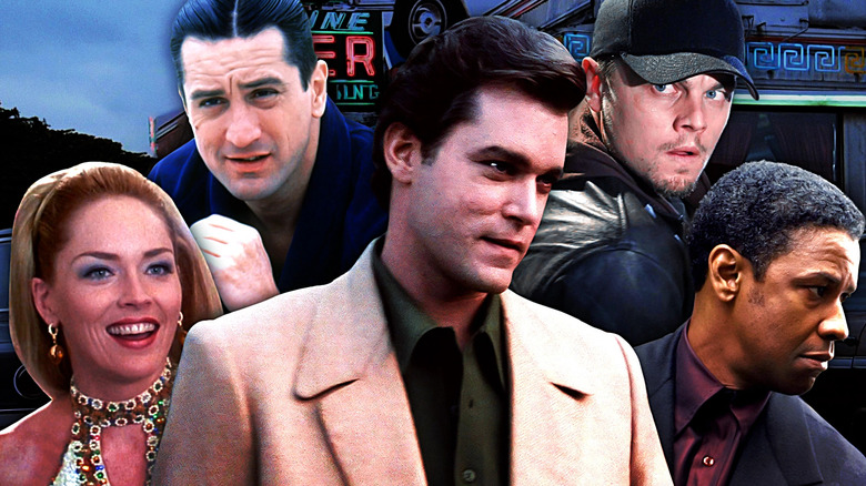Henry Hill (Ray Liotta) in Goodfellas stands in front of a collage including Ginger McKenna (Sharon Stone) in Casino, Noodles Aaronson (Robert De Niro) in Once Upon a Time in America, Billy Costigan (Leonardo DiCaprio) in The Departed, and Frank Lucas (Denzel Washington) in American Gangster