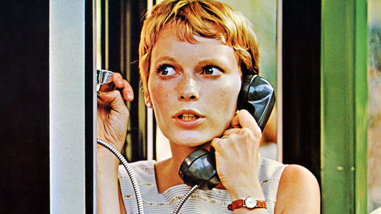 Mia Farrow as Rosemary, holding a telephone in Rosemary's Baby