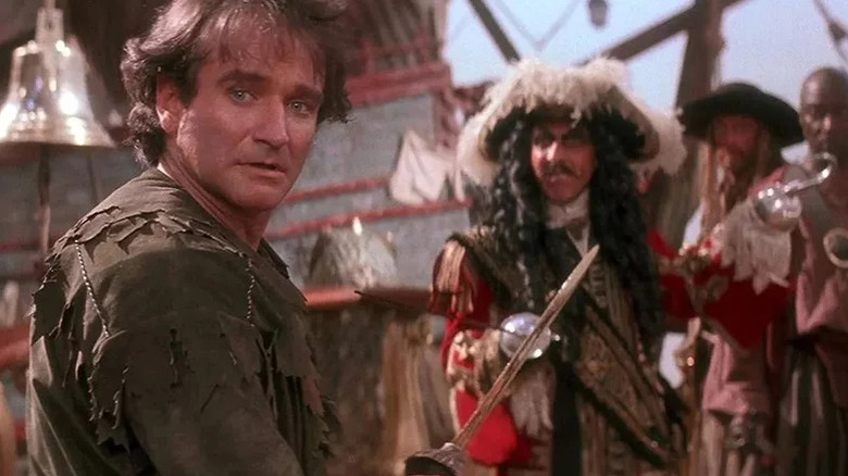 Peter Pan (Robin Williams) dueling Captain Hook (Dustin Hoffman) in Hook