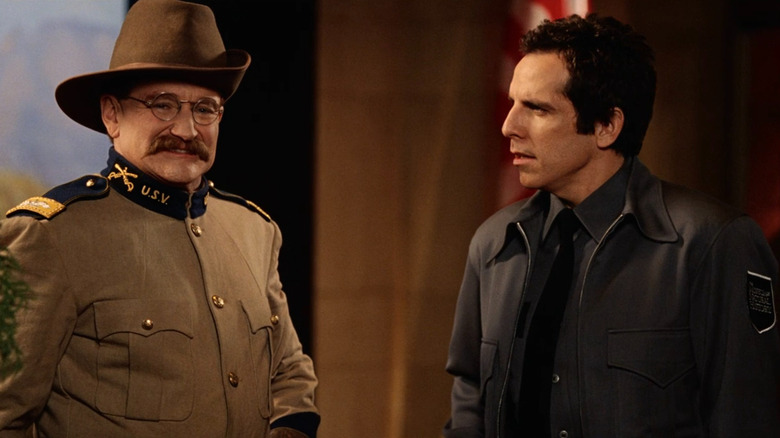 Larry Daley (Ben Stiller) looking at Theodore Roosevelt (Robin Williams) in Night at the Museum