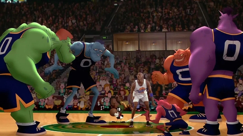 Michael Jordan playing basketball against the Monstars in Space Jam