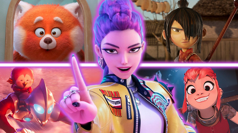 Rumi in KPOP Demon Hunters surrounded by images from Turning Red, Kubo and the Two Strings, Ultraman Rising, and Nimona