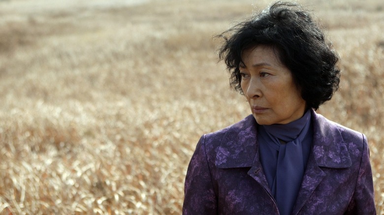 The mother (Kim Hye-ja) looks to her right in a grassy field in Mother (2009)