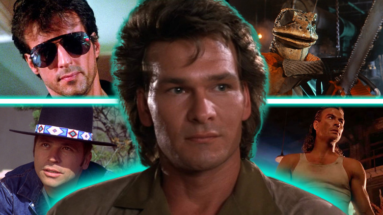James Dalton (Patrick Swayze) in Road House surrounded by images from Hard Target, Hell Comes to Frogtown, Cobra, and Billy Jack
