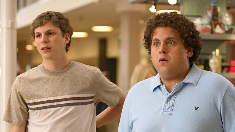 Evan (Michael Cera) and Seth (Jonah Hill) react to something wild in Superbad