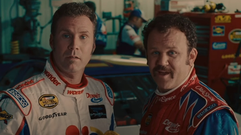 Cal (John C. Reilly) and Ricky Bobby (Will Ferrell) looking at the camera to promote products in Talladega Nights: The Ballad of Ricky Bobby