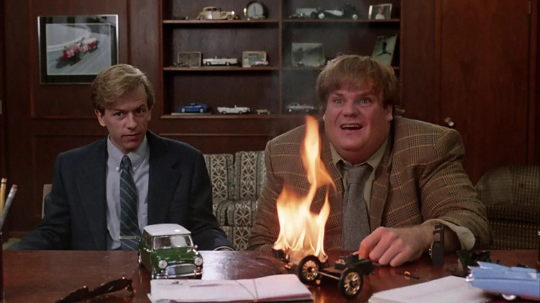 Richard (David Spade) and Tommy (Chris Farley) anticipate an answer in an office Tommy Boy