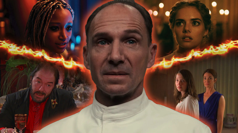Images from Bodies Bodies Bodies, Ready or Not, The Cook, the Thief, His Wife & Her Lover, and The Feast around Ralph Fiennes in The Menu in a composite image