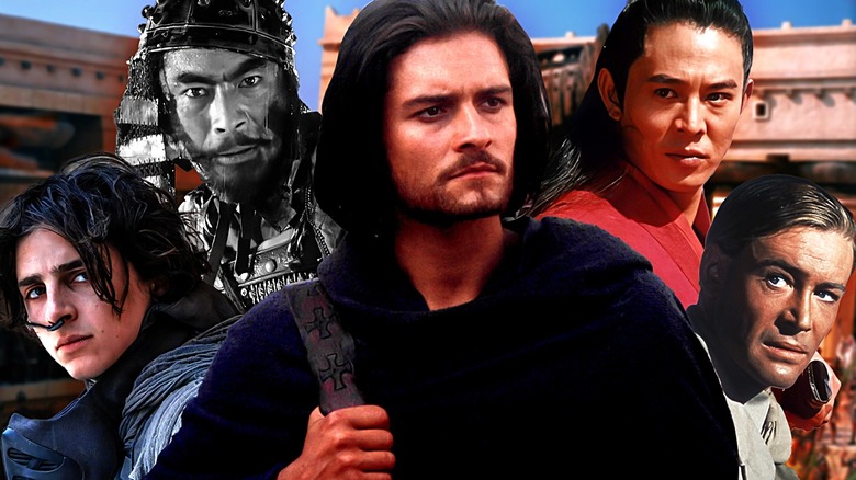 Timothée Chalamet as Paul Atreides in Dune, Toshiro Mifune as Kikuchiyo in Seven Samurai, Orlando Bloom as Balian of Ibelin in Kingdom of Heaven, Jet Li as the nameless prefect in Hero, and Peter O'Toole as T. E. Lawrence in Lawrence of Arabia
