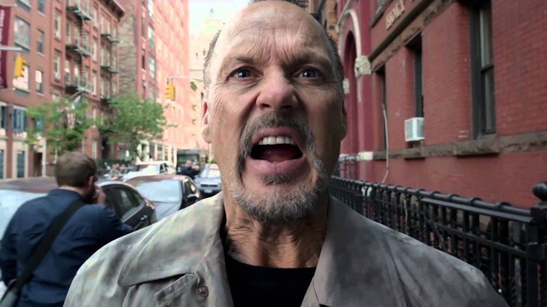 Michael Keaton as Riggan, screaming in the street in Birdman