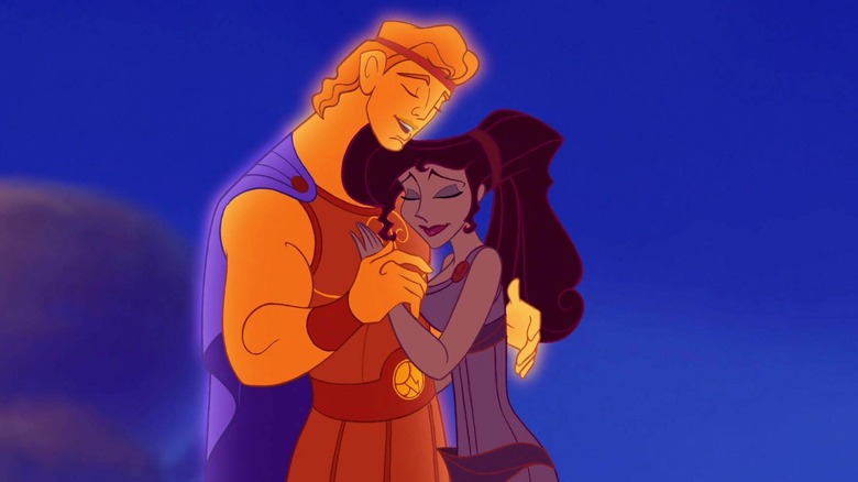 A glowing Hercules and Megara embracing in Disney's Hercules