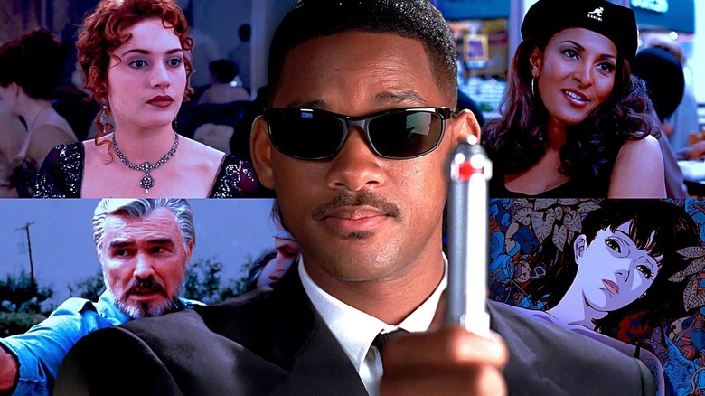 Will Smith as Agent J in Men in Black surrounded by Kate Winslet as Rose from Titanic, Pam Grier as Jackie in Jackie Brown, Burt Reynolds as Jack in Boogie Nights, and Mima lying in grass from Perfect Blue