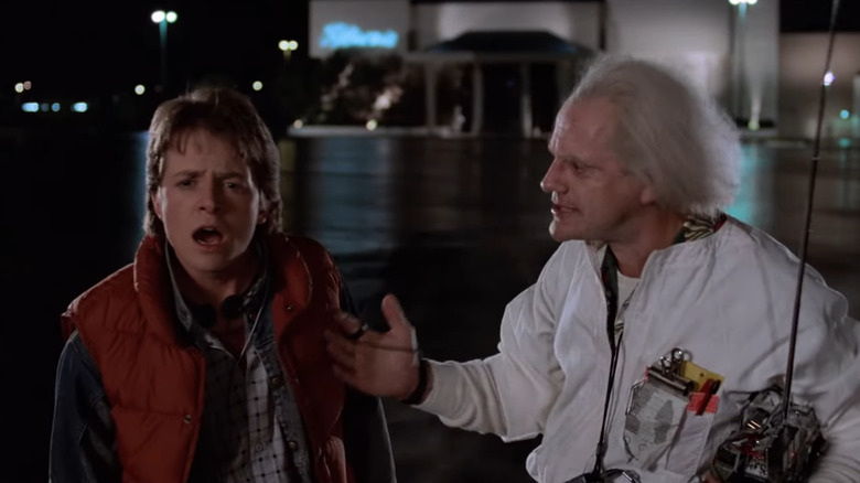 Marty (Michael J. Fox) shocked at Doc Brown's (Christopher Lloyd) time machine in Back to the Future