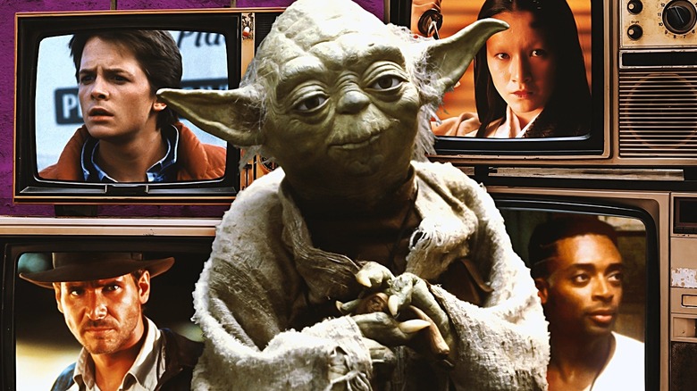 Harrison Ford in Raiders of the Lost Ark, Michael J. Fox in Back to the Future, Mieko Harada in Ran, Spike Lee in Do the Right Thing on vintage TVs behind Yoda in Empire Strikes Back.
