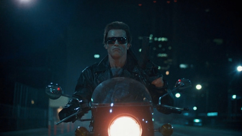 The Terminator (Arnold Schwarzenegger) riding motorcycle in The Terminator