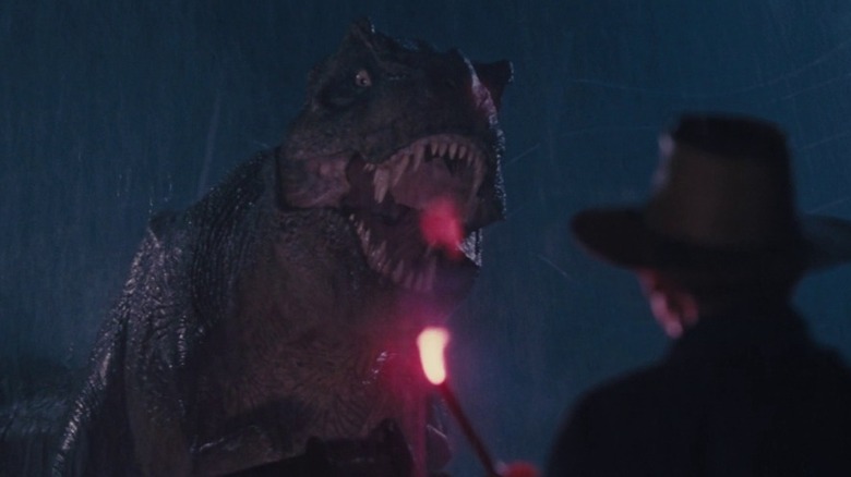 Rexy faces down Dr. Alan Grant (Sam Neill) in Jurassic Park