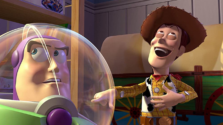 Woody (Tom Hanks) laughing at Buzz (Tim Allen) in Toystory