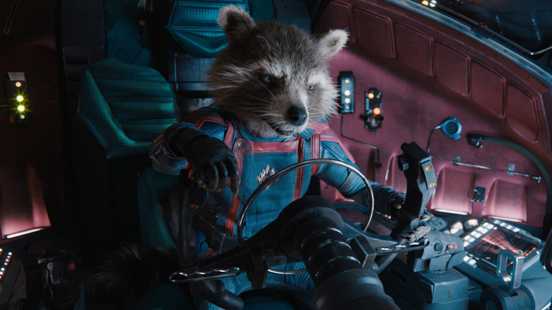 Rocket Raccoon flies a spaceship in Guardians of the Galaxy Vol. 3.