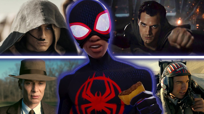 A composite image including stills from Dune: Part Two, Zack Snyder's Justice League, Oppenheimer, Top Gun: Maverick, and Spider-Man: Across the Spider-Verse.