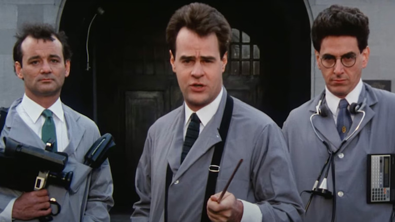 Bill Murray, Dan Aykroyd, and Harold Ramis as Venkman, Stantz, and Spengler in a TV commercial in Ghostbusters