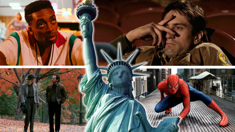 The Statute of Liberty surrounded by images from Taxi Driver, Spider-Man 2, When Harry Met Sally, and Do the Right Thing in a composite image