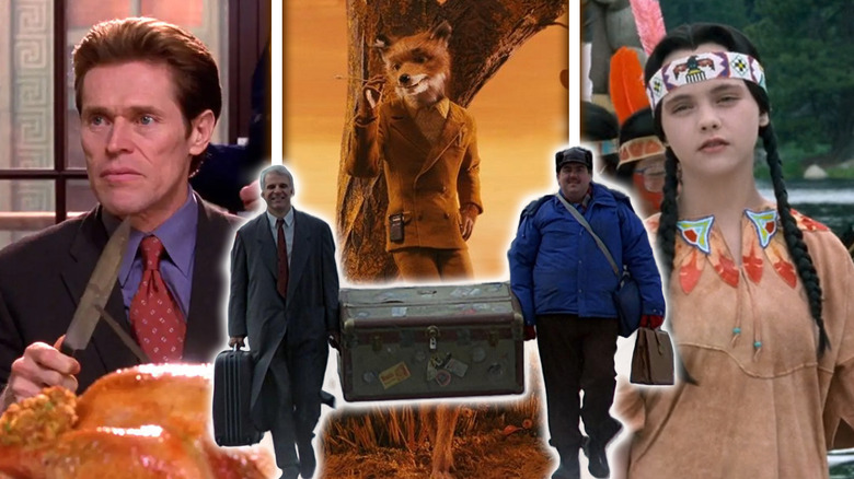 Images from Spider-Man, Fantastic Mr. Fox, and Addams Family Values around Steve Martin and John Candy in Planes, Trains & Automobiles