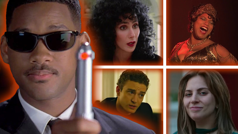 Will Smith in Men in Black next to shots of Cher in Moonstruck, Queen Latifah in Chicago, Justin Timberlake in The Social Network, and Lady Gaga in A Star Is Born