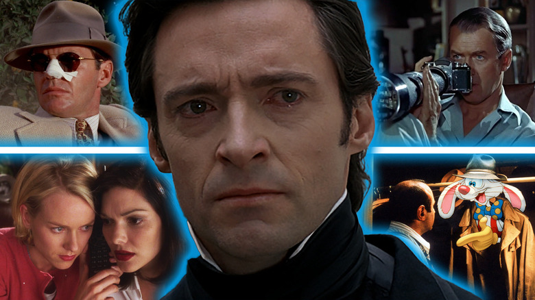 Hugh Jackman in The Prestige surrounded by images from Mulholland Drive, Rear Window, Chinatown, and Who Framed Roger Rabbit,
