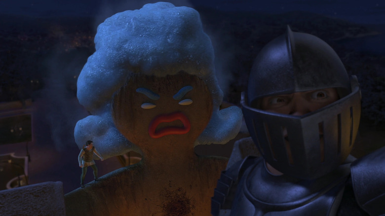 Human Shrek on a giant Gingerbread Man's back snreaking up behind a knight