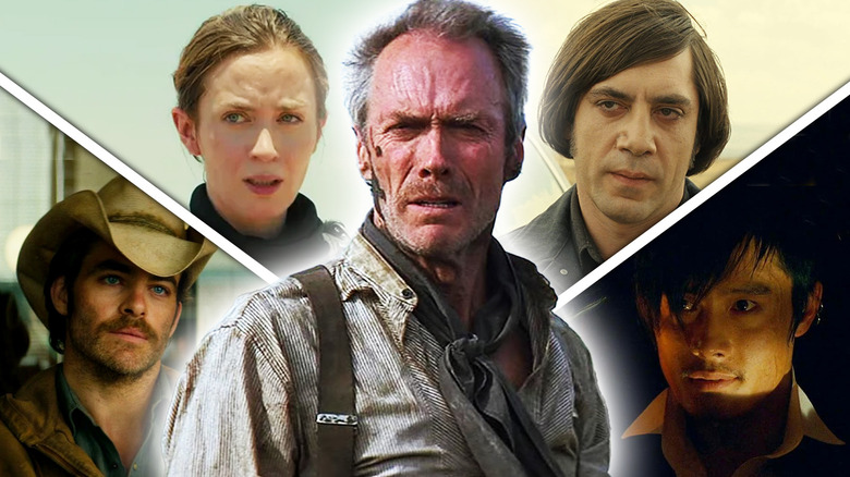 Clint Eastwood in Unforgiven surrounded by shots from Sicario, No Country for Old Men, Hell or High Water, and The Good, the Bad, and the Weird in a composite image