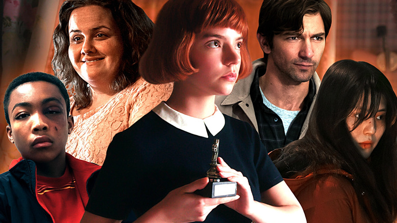 A collage of Beth Harmon (Anya Taylor-Joy) in The Queen's Gambit, Kevin Richardson (Asante Blackk) in When They See Us, Martha Scott (Jessica Gunning) in Baby Reindeer, Steven Crain (Michiel Huisman) in Haunting of Hill House, and Yoon Ji-woo (Han So-hee) in My Name