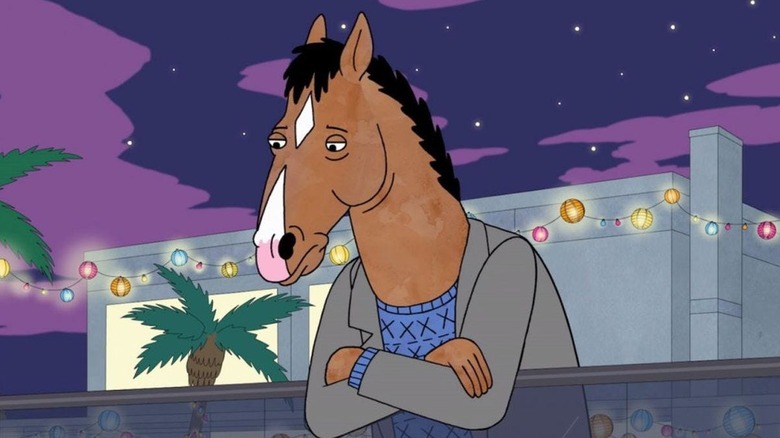 BoJack Horseman leaning over a railing in BoJack Horseman