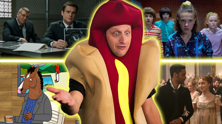 Tim Robinson in a hot dog costume from I Think You Should Leave surrounded by Holt McCallany and Jonathan Groff as Bill and Holden in Mindhunter, Noah Schnapp, Finn Wolfhard, Millie Bobby Brown, and Sadie Sink as Will, Mike, Eleven, and Max in Stranger Things, BoJack Horseman in BoJack Horseman, and Rege-Jean Page and Phoebe Dynevor as Simon and Daphne in Bridgerton