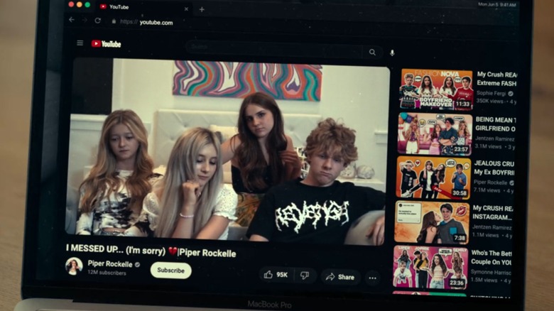 A laptop showing a YouTube video from Piper Rockelle titled I MESSED UP... (I'm sorry), from Bad Influence: The Dark Side of Kidfluencing