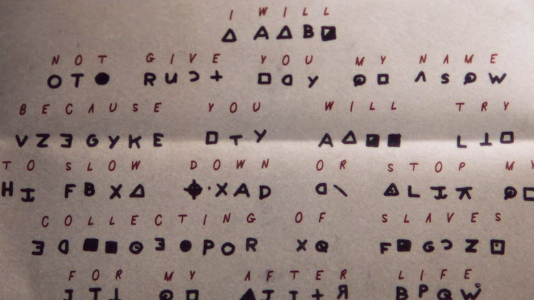 A solved cipher from This Is The Zodiac Speaking, reading I WILL NOT GIVE YOU MY NAME BECAUSE YOU WILL TRY TO SLOW DOWN OR STOP MY COLLECTING OF SLAVES FOR MY AFTER LIFE