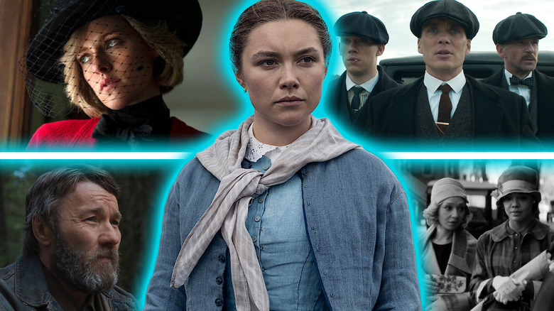 Florence Pugh in The Wonder surrounded by images from Spencer, Peaky Blinders, Train Dreams, and Passing ina composite image