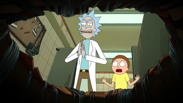 Rick and Morty looking into a hole on Rick and Morty