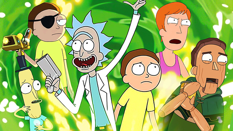 Rick and Morty coming out of a green portal surrounded by Mr. Poopybutthole, Summer, Evil Morty, and Jerry as a wooden man in a composite image.