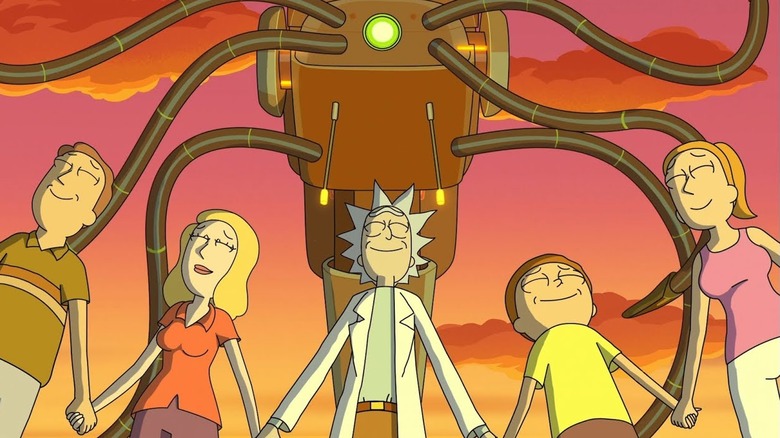 The Smith family holding hands with a spaceship overhead on Rick and Morty