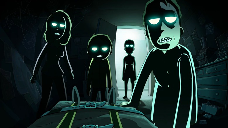 The night family staring at Rick on Rick and Morty