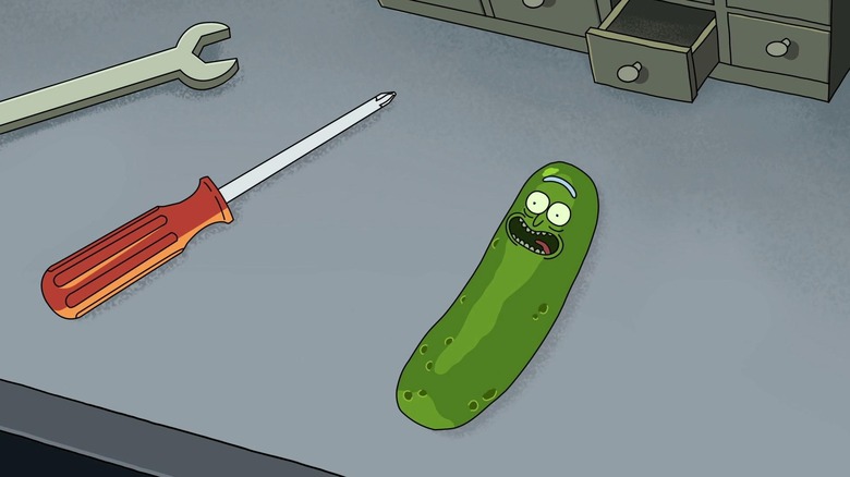 Rick as a pickle next to a screwdriver on Rick and Morty