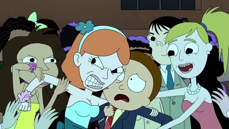 Morty surrounded by girls on Rick and Morty