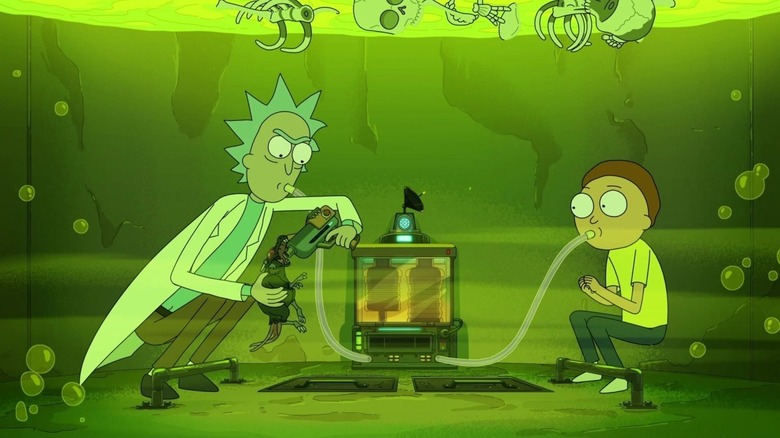 Rick and Morty breathing through an apparatus in a vat of not-acid on Rick and Morty