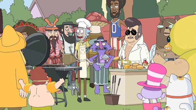Rick barbecuing with eclectic characters on Rick and Morty