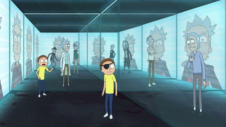 Rick, Morty, and Evil Morty inside of a trapped room on Rick and Morty